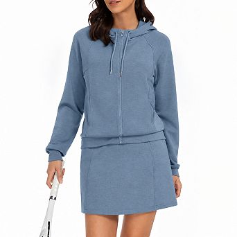 Womens 2 pc Athletic Tracksuit Zip Up Hooded Skort Set Active Wear