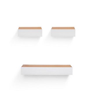 3 pc White & Wood Floating Wall Shelves, 23.62" Wall Mounted Shelf Set with Invisible Brackets