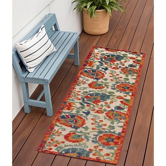 HomeRoots 6' Ivory Blue And Orange Floral Indoor Outdoor Runner Rug