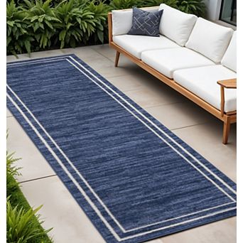 HomeRoots 8' Navy Blue And Ivory Indoor Outdoor Runner Rug