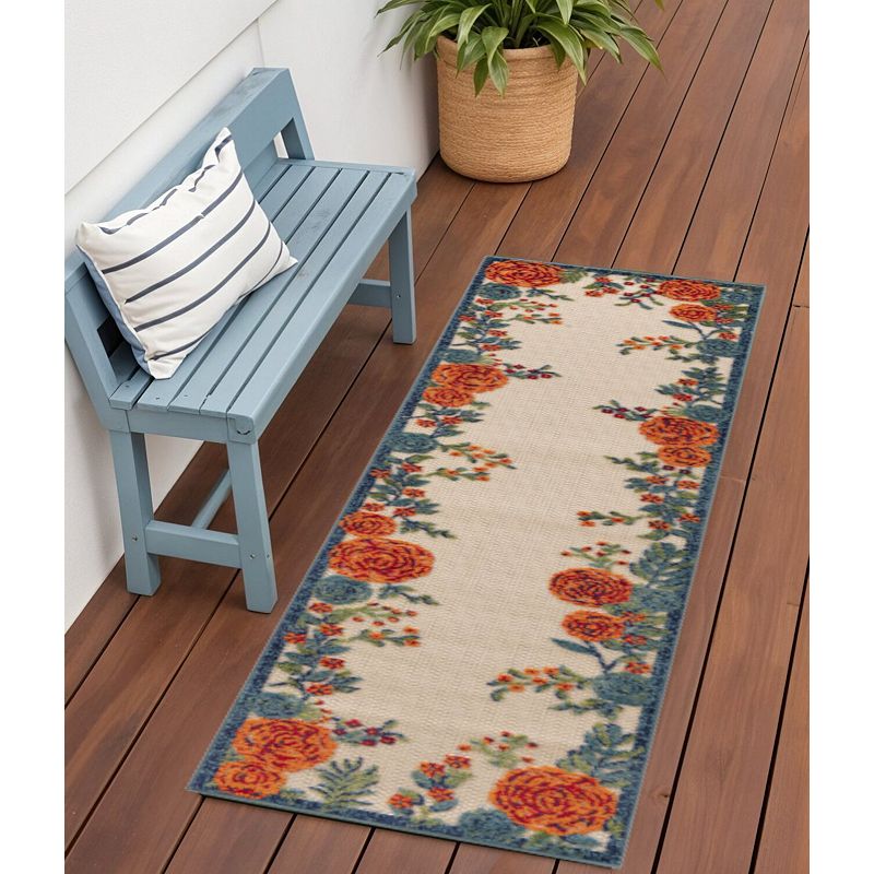 HomeRoots 6' Ivory Blue And Orange Floral Indoor Outdoor Runner Rug