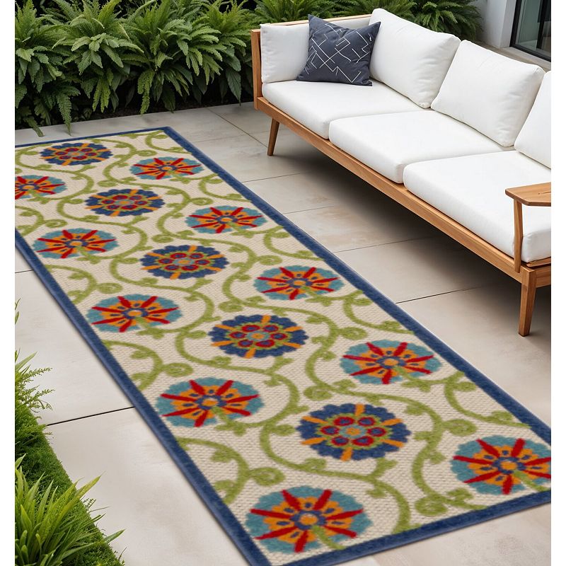 HomeRoots 8' Navy Blue Beige Green Blue And Red Floral Indoor Outdoor ...