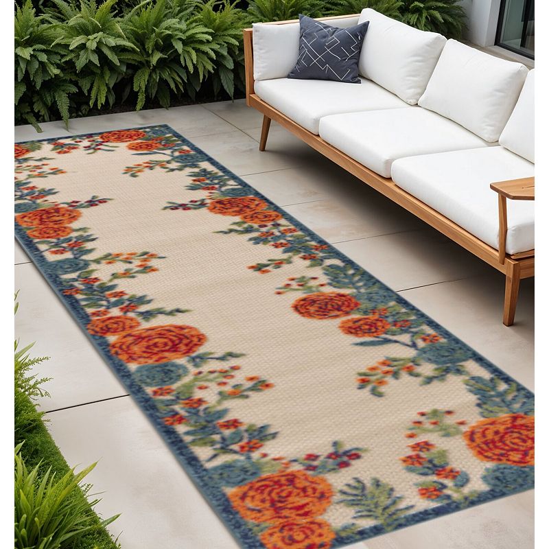 HomeRoots 8' Ivory Orange And Blue Floral Indoor Outdoor Runner Rug