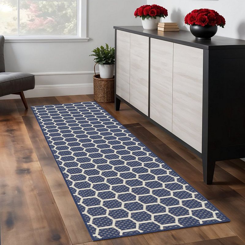 HomeRoots 8' Navy Blue And Ivory Geometric Indoor Outdoor Runner Rug