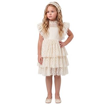 2Bunnies Girls' Iris Floral Lace Tiered Flutter Sleeve Boho Flower Girl Dress