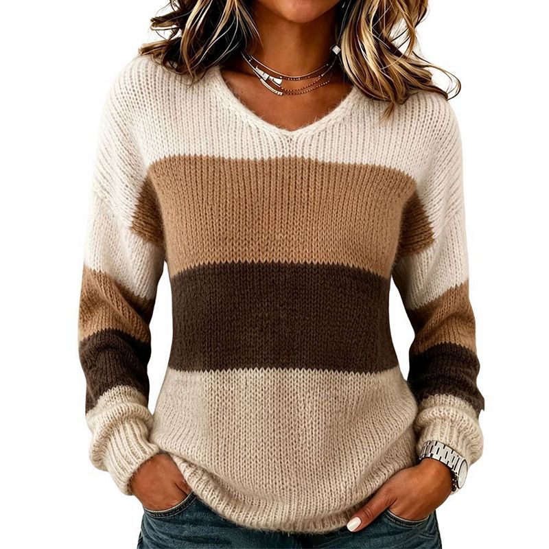 Womens V Neck Color Block Sweater Long Sleeve Relaxed Fit Pullover