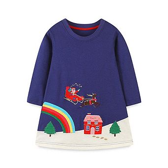 MyKids-USA® Girls’ Navy Blue Christmas Cartoon Pattern Embroidery Dress