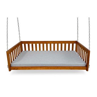 Outdoor Wooden Porch Swing Bed with Cushion & Hanging Chains for Patio Balcony