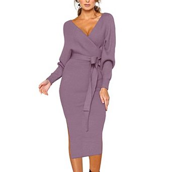 Womens V Neck Batwing Sweater Dress Long With Belt