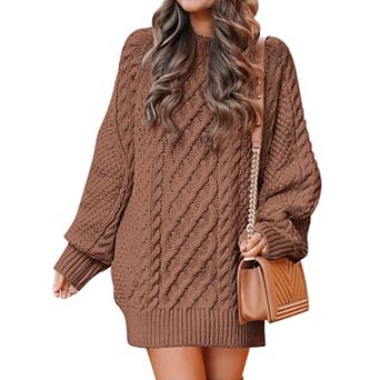 Womens Oversized Cable Knit Sweater Dress Long Sleeve Crew Neck