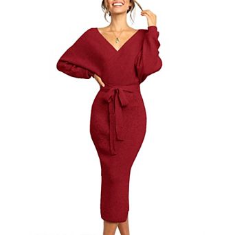 Womens Long Sleeve Batwing Wrap V Neck Midi Dress