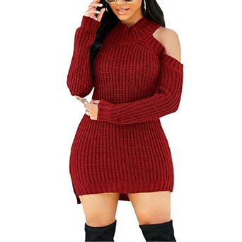 Women’s Winter Sweater Dress Cold Shoulder Side Slit Mini Pullover