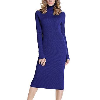 Women's Turtleneck Ribbed Long Sleeve Knit Midi Dress