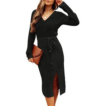 Womens Fall Long Sleeve V Neck Cable Knit Midi Dress