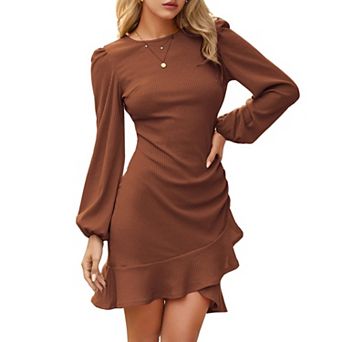 Womens Long Sleeve Ribbed Knit Bodycon Mini Dress