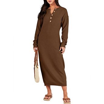 Women Long Sleeve Waffle Knit Midi Sweater Dress