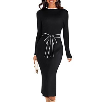 Women’s Long Sleeve Bodycon Tie Waist Midi Sweater Dress