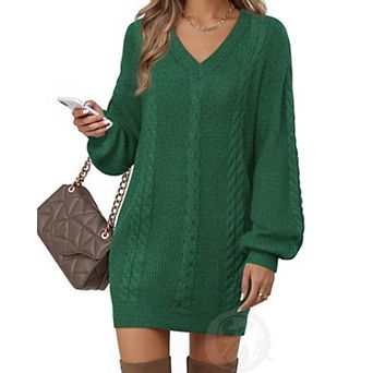 Womens V Neck Fall Lantern Sleeve Knit Mini Dress