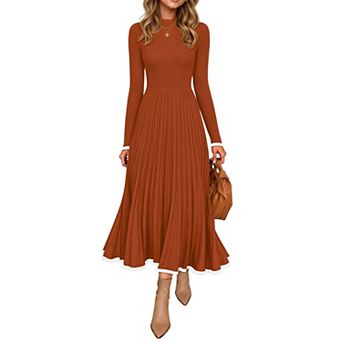 Womens Long Sleeve Ribbed Knit Crewneck Midi Sweater Dress