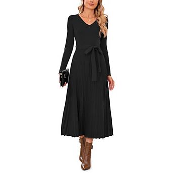 Womens Wool Blend Long Sleeve V-Neck Pleated A-Line Tie Waist Midi Sweater Dress