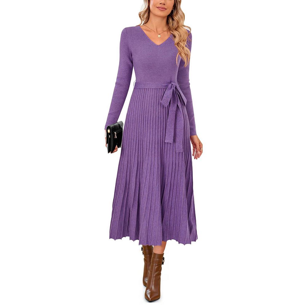 Womens Wool Blend Long Sleeve V-Neck Pleated A-Line Tie Waist Midi ...