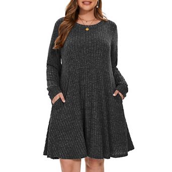 Plus Size Crew Neck Long Sleeve Sweater Dress Casual