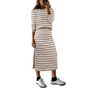 Womens 2 pc Striped Knit Sweater Skirt Set Loose Midi