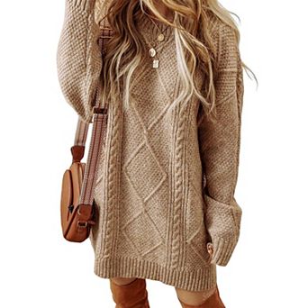 Women's Oversized Cable Knit Sweater Dress Crew Neck Long Sleeve Fall Winter