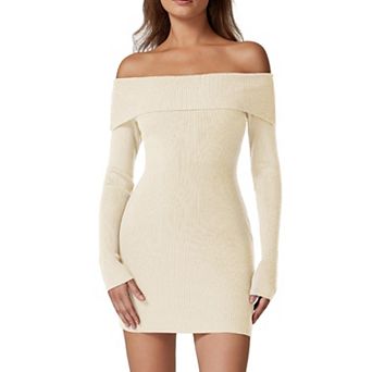 Women's Off Shoulder Ribbed Knit Dress Long Sleeve Folded Neck Mini