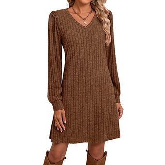 Womens Fall Long Sleeve V Neck Stretchy Knit Mini Dress