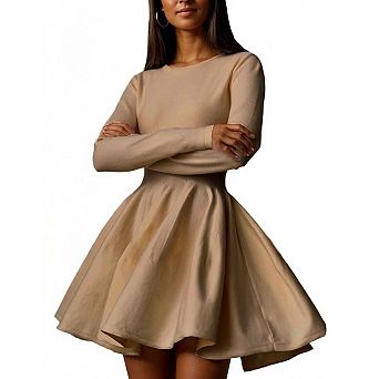 Women Long Sleeve Pleated Flared Knitted Mini Dress
