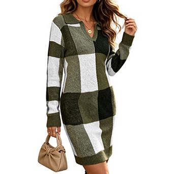 V-Neck Long Sleeve Plaid Bodycon Knit Sweater Dress