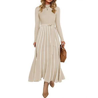 Womens Turtleneck Long Sleeve Ribbed Knit Maxi Dress A-Line