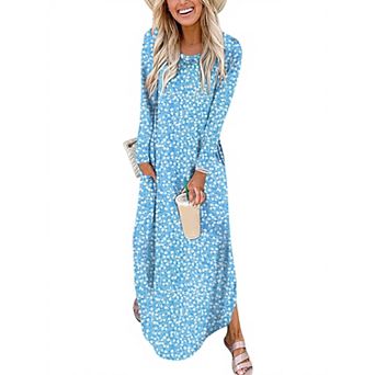 Women Long Sleeve Loose Maxi Dress Casual Split Travel T-Shirt Dress With Pockets