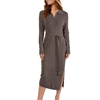 Women’s Wool Blend Collared V-Neck Long Sleeve Midi Work Dress