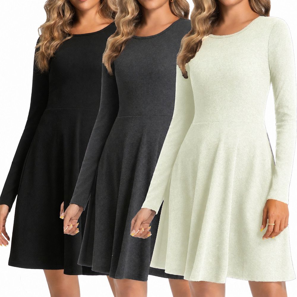 Womens 3-Pack Long Sleeve Ribbed Knit A-Line Flowy Casual Dresses
