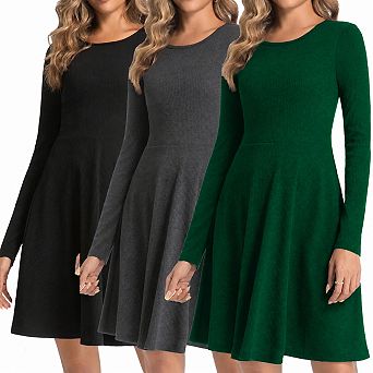 Womens 3-Pack Long Sleeve Ribbed Knit A-Line Flowy Casual Dresses