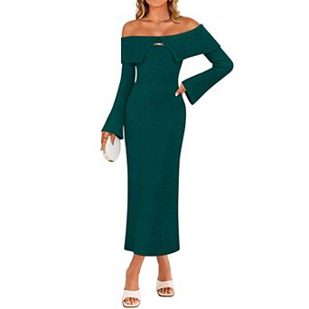 Women Off Shoulder Bodycon Sweater Dress Bell Sleeve Ribbed Knit
