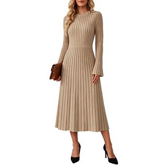 Striped Knit Midi Dress Long Sleeve Bell Sleeve Elastic Waist