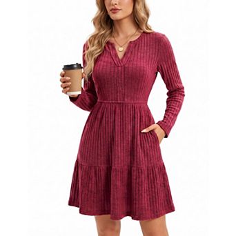 Womens Ribbed Knit Wrap Dress Long Sleeve A-Line V-Neck With Pockets