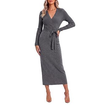 Ribbed Knit Long Sleeve Wrap V Neck Midi Dress Tie Waist