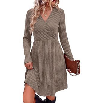 Womens Ribbed Knit Wrap Dress Long Sleeve with Pockets Flowy A-Line Midi