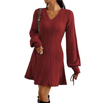 Womens V Neck Cable Knit Dress Long Sleeves Mini A-Line Casual