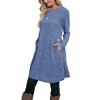 Womens Long Sleeve Tunic Dress Crew Neck Side Buttons Flowy