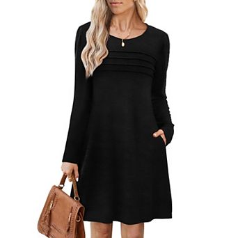 Womens Long Sleeve Tunic Dress Pleated Pockets Casual Fall Winter