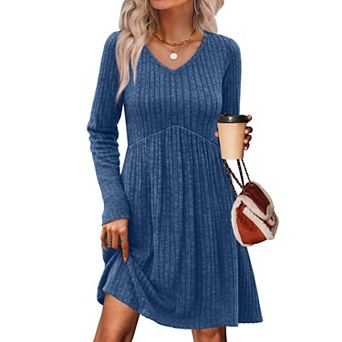 V Neck Empire Waist Babydoll Sweater Dress Long Sleeve Casual Flowy
