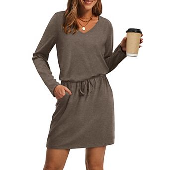 Womens V Neck Long Sleeve Casual Tie Front A-Line Dress