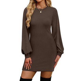Women Puff Long Sleeve Crewneck Bodycon Fleece Ribbed Knit Dress