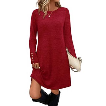 Women Long Sleeve Crew Neck Tunic Dress with Pockets