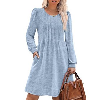 Womens Pleated Crew Neck Long Sleeve Dress A-Line Empire Waist with Pockets Fall